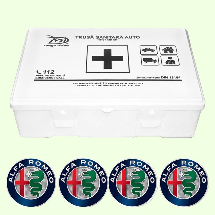 Trusa Medicala Auto Omologata R.A.R De Prim Ajutor, 20 de Articole medicale DIN 13164, 4x Stickere Auto Cu Alfa-Romeo