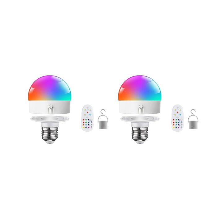 2 db E27 RGB izzó készlet, újratölthető, távirányítóval, 2000mAh, többszínű, szabályozható