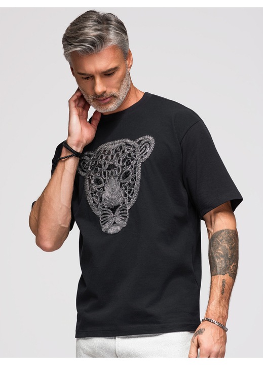 Férfi T-shirt loose fit, rövid ujjú, panterás díszítéssel OM-TSCT-0278, Fekete