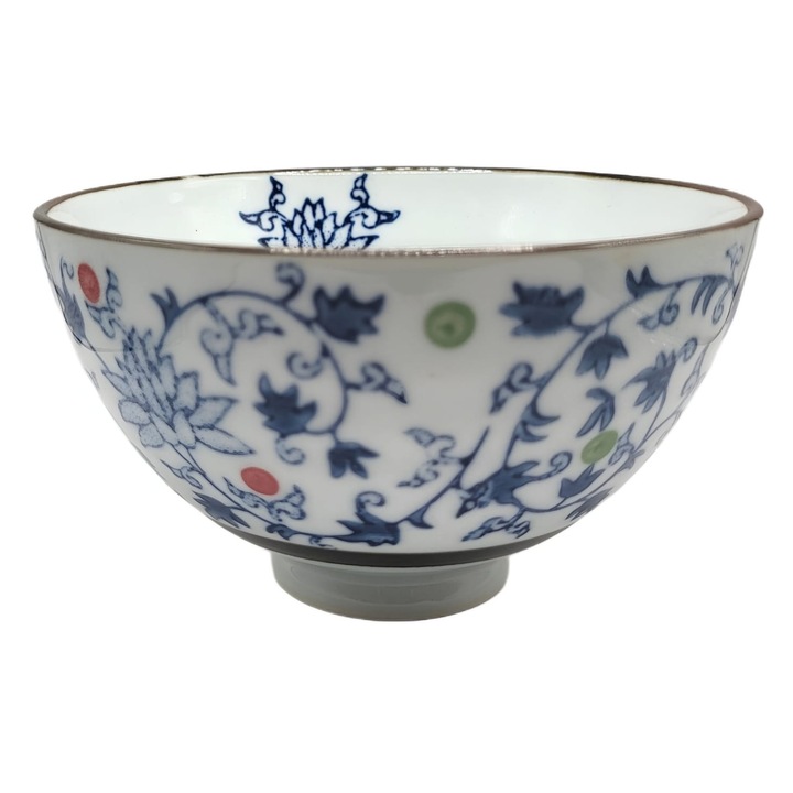Bol din portelan fin, model floral traditional cu detalii colorate, stil Asiatic, Alb/Albastru, 300 ml