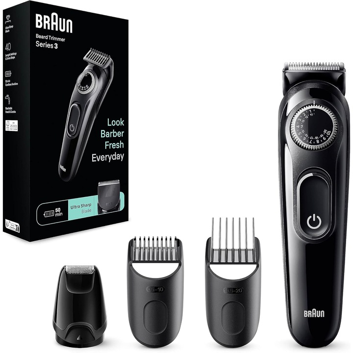 Тример за брада Braun Series 3 BT3420, 40 настройки за дължина, 0.5-20 мм, Ултра-остри ножчета, Автономност 50 мин, Черен