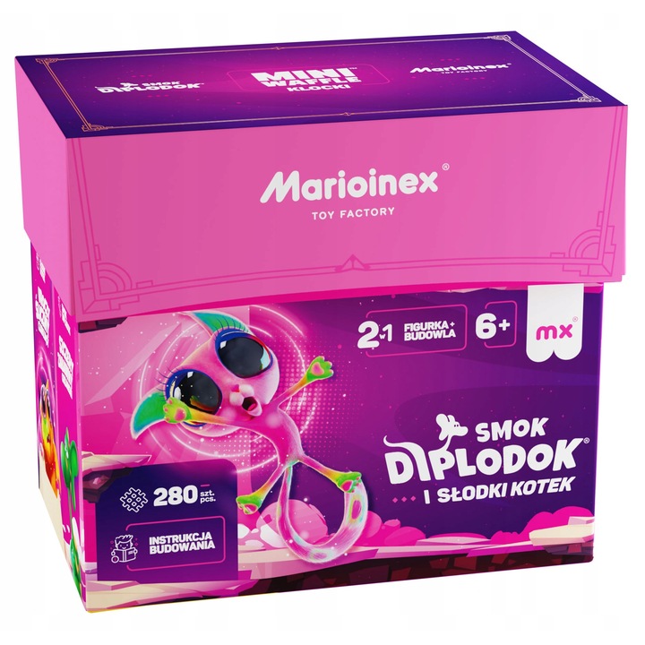 Set constructie Marioinex Diplodok si pisica, 280 piese, multicolor, 6+ ani