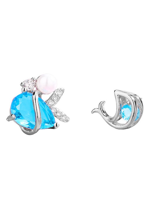 Cercei asimetrici cu delfin albastru, eleganti si rafinati, cercei cu perle si diamante albastre, tip sirena, unghie de ureche cu vant proaspat al oceanului