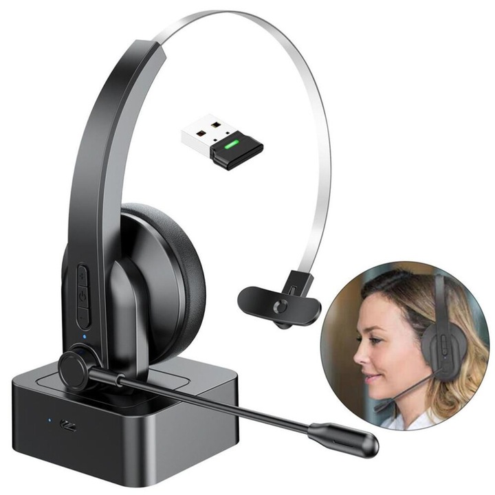 Vezeték nélküli fejhallgató mikrofonnal, Bluetooth 2,4 GHz, töltőállomás, fekete, 40mm