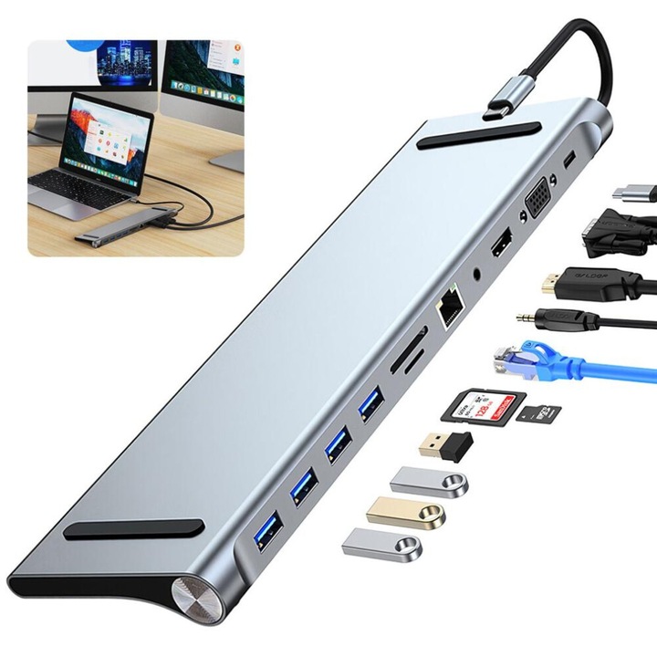 USB-C elosztó 11 az 1-ben, többszínű, 28x8x1.9cm
