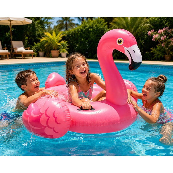 Colac gonflabil tip flamingo, roz, plutitor mare pentru piscina si plaja, saltea gonflabila de apa, 178cm x 135 cm x 97 cm, PVC rezistent, maner de sustinere, max. 40 kg, Intex