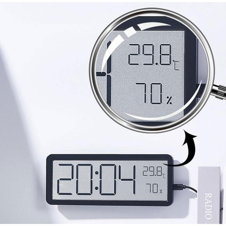 LED falióra, fehér, 20,2x2x8cm, hőmérséklet és páratartalom kijelző
