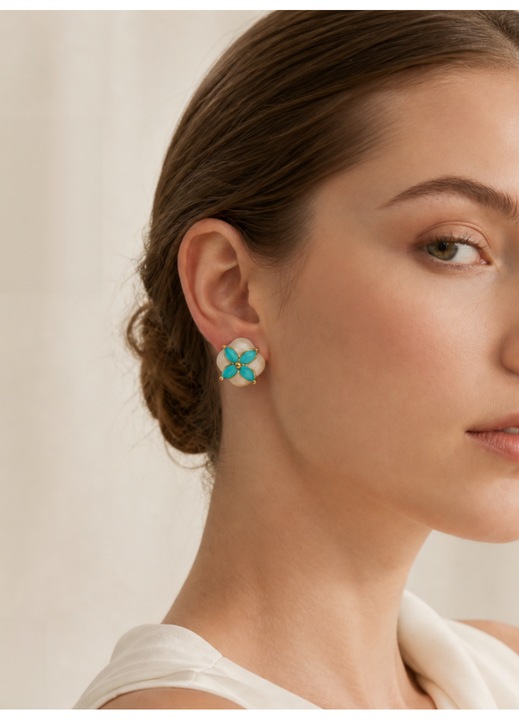 Cercei Stud LISM in forma de trifoi cu 4 frunze, email turcoaz, ac din argint 925, placare cu aur 18K, cu cutie cadou