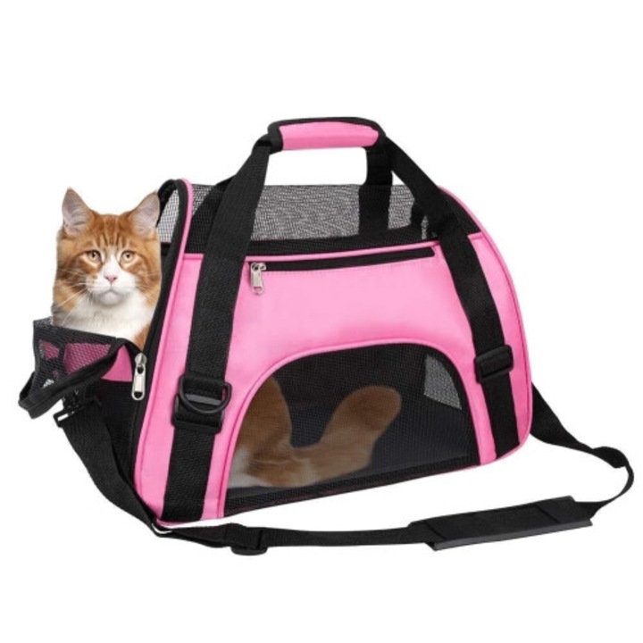 Geanta transport animale mici si medii roz 13lb impermeabila usoara