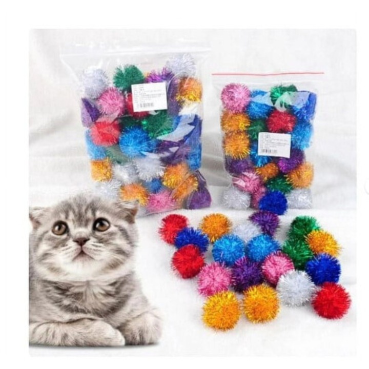 Set 50 mingi pom pom pentru pisici, multicolor, 3.5cm