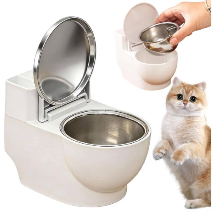 Caseta de perete pentru pisici, design toaleta, inox, compartiment depozitare