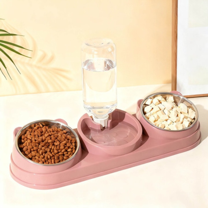 Set castroane roz pentru pisici cu suport inaltat si dozator apa gravitational, 2 piese