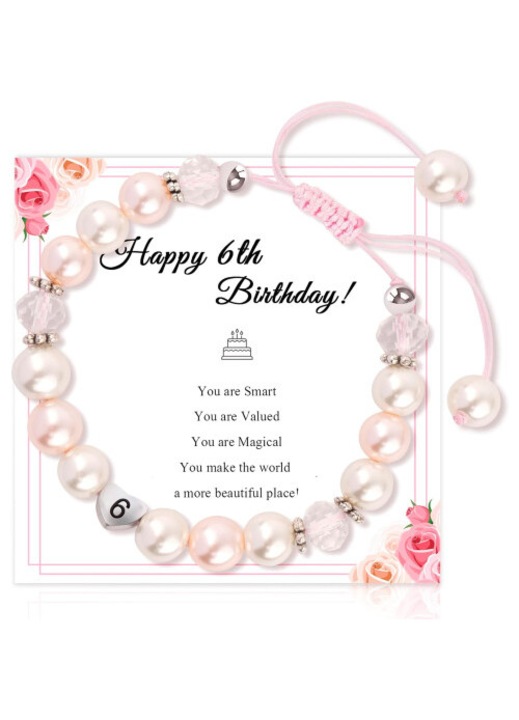 Bratara copii cu perle si charm inima, ajustabila, roz-alb, 15x23cm