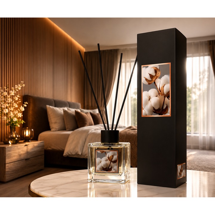 Prémium Szobaillatosító Pálcikákkal, Erős Illat, Koncentrált Esszencia 100 ml, Semlegesíti a Kellemetlen Szagokat, Quality Romantica Scents, Pamut