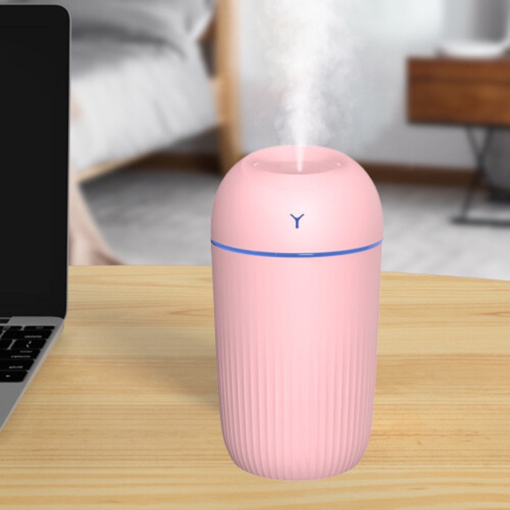 Hordozható mini USB párásító, rózsaszín, 220ml, automata kikapcsolással