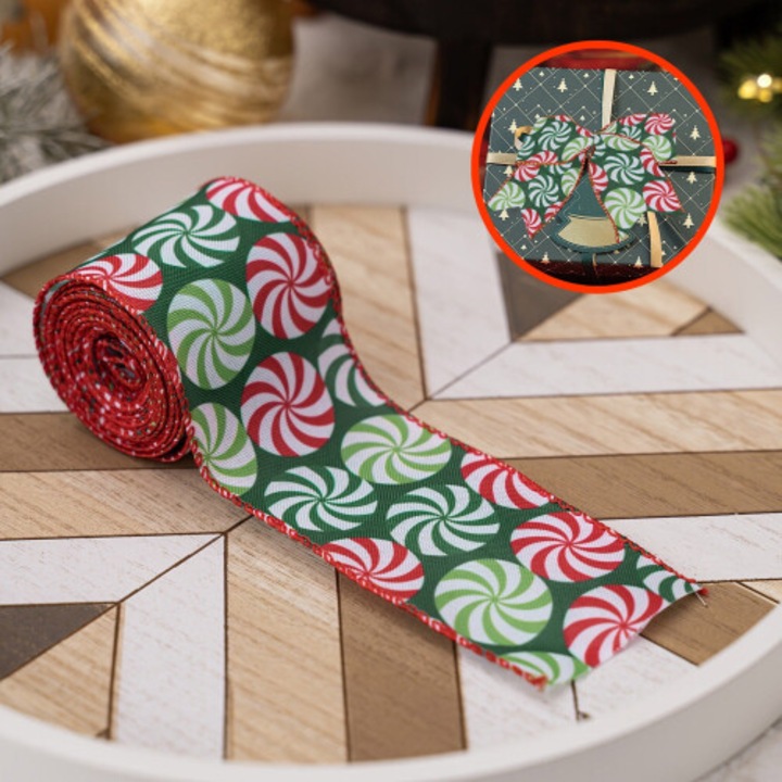 Panglica decorativa Craciun, model candy cane, rosu alb, 6.35cm latime