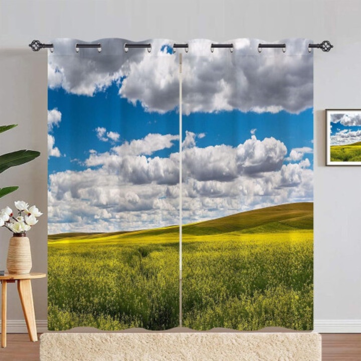 2 db bársony függöny szett, természetes táj mintával, fényszűrő, 107x213cm, szürke