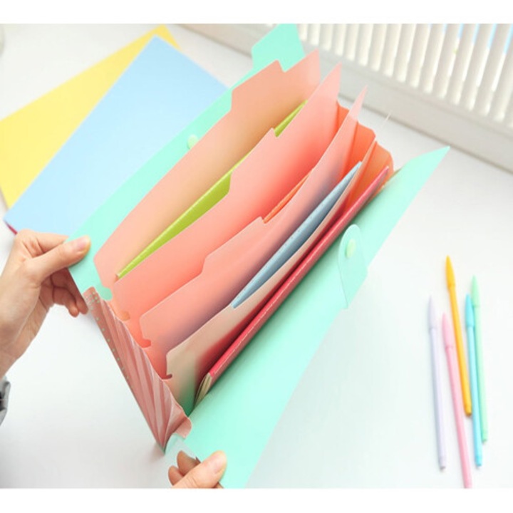 Mapa extensibila cu 5 buzunare si inchidere cu capsa, multicolor, dimensiuni standard