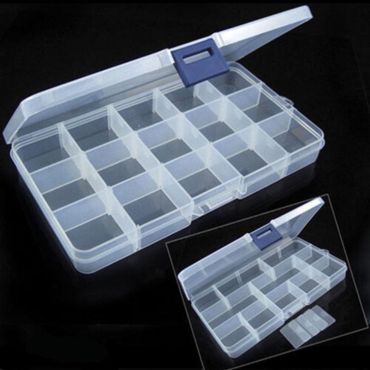 Cutie depozitare plastic 15 compartimente ajustabile transparent 17.5x10x2cm