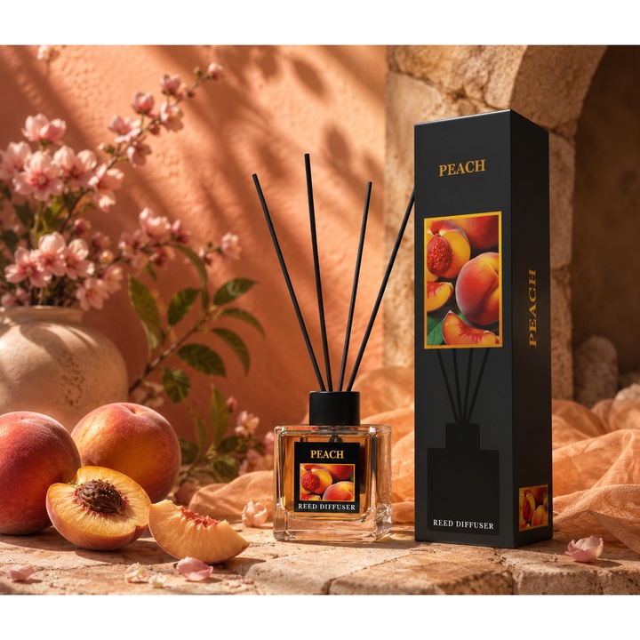 Prémium Szobaillatosító Pálcikákkal, Erős Illat, Koncentrált Esszencia 100 ml, Semlegesíti a Kellemetlen Szagokat, Quality Romantica Scents, Barack