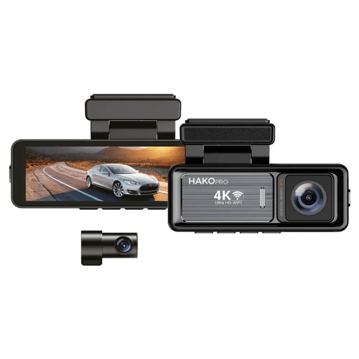 Camera Auto Duala CMR120 Hakopro by ONVI®, Dash Cam 4K Ultra HD + Camera Spate 1080P, WiFi, Ecran IPS 3.2 Inch, Night Vision, G-Sensor, Inregistrare In Bucla, Suport Card 64GB, Negru