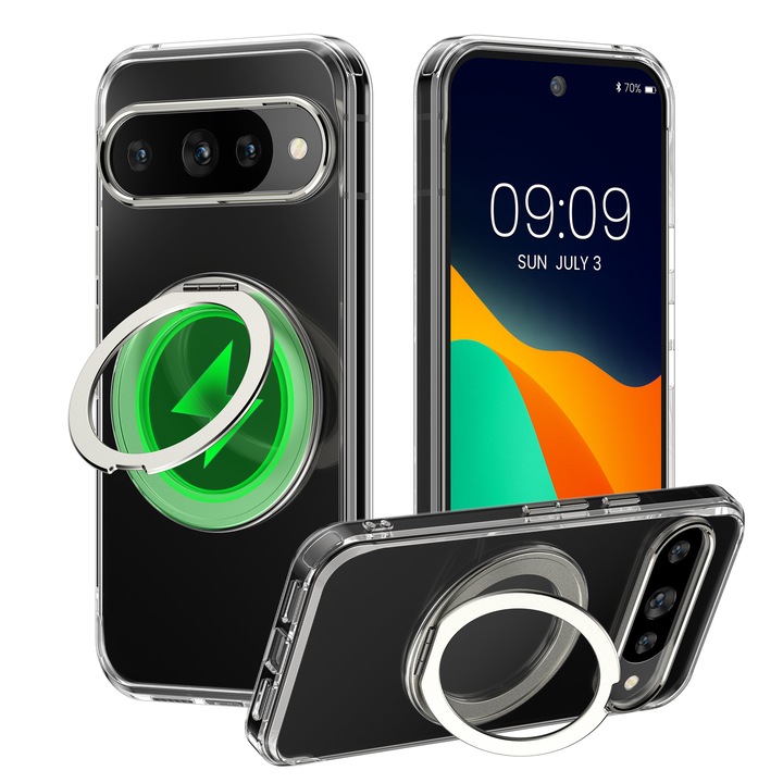 Husa cu suport Kalibri pentru Google Pixel 10/Pixel 10 Pro, compatibil MagSafe, plastic, aluminiu, argintiu, transparent