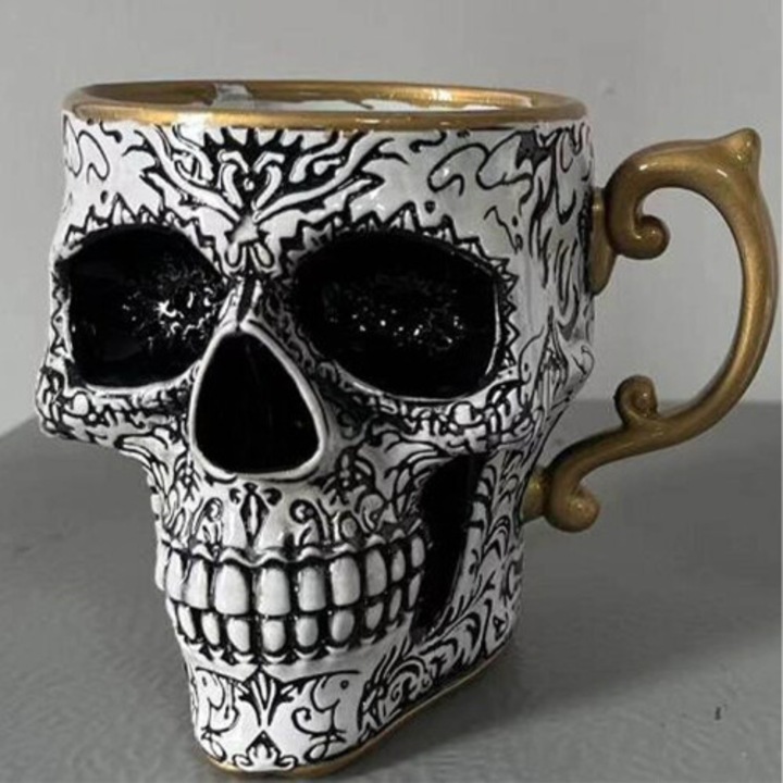 Cana portelan gothic craniu regal 350ml alb-negru auriu set cu lingurita