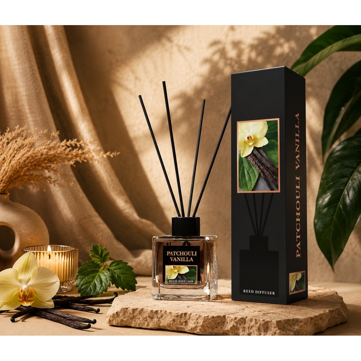 Prémium Szobaillatosító Pálcikákkal, Erős Illat, Koncentrált Esszencia 100 ml, Semlegesíti a Kellemetlen Szagokat, Quality Romantica Scents, Patchouli Vanilla