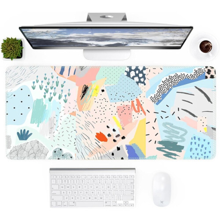Mouse pad birou mare, albastru boho, 90x40x0.2cm, margini cusute, baza antiderapanta