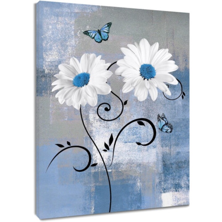 Tablou decorativ floral fluture, canvas premium, albastru alb, 30x40cm