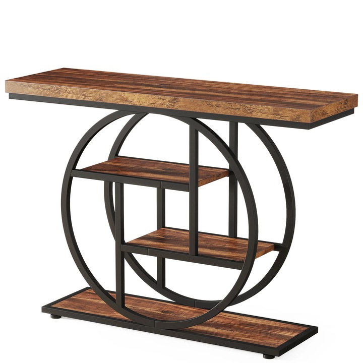 Masa consola, masa de hol, 4 niveluri cu rafturi, 105 x 30 x 80 cm, design industrial din lemn, cu spatiu de depozitare, maro inchis