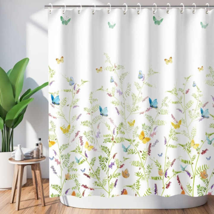 Perdea de duș fluturi flori, 180x180cm, albastru, set cu 12 cârlige