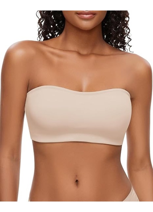 Női pánt nélküli push-up bandeau melltartó, WOWENY®, varrás nélküli, kivehető szivacsokkal, csúszásgátló szilikon pántokkal, átlátszó pántokkal, XL, bézs