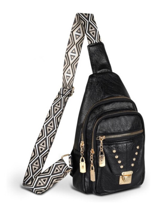 Női crossbody táska PU bőr, strapabíró, fekete, 17x7x31cm