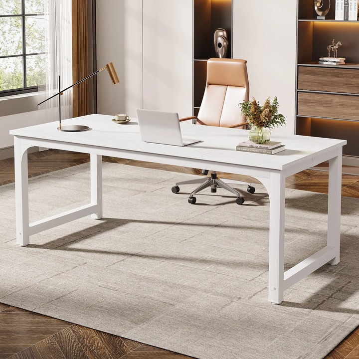Nagy modern számítógépasztal, Irodai munkaasztal, Téglalap alakú asztallap 178x79 cm, Fa laptopasztal, Otthoni irodába és dolgozószobába, Fehér