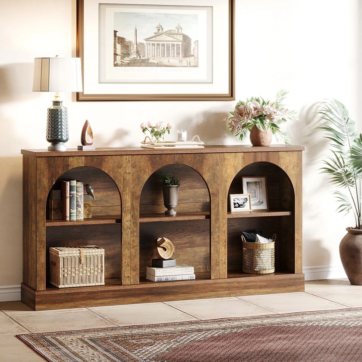 Masa consola farmhouse, Masa de hol 160 cm, 3 rafturi pentru depozitare, Masa dreptunghiulara din lemn, Stil country american, Maro rustic