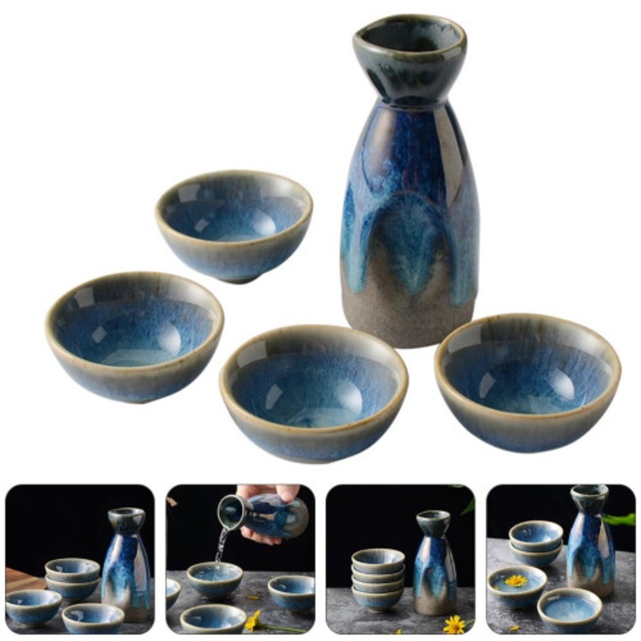 Set pentru servire sake ceramica 4 cani si ceainic alb