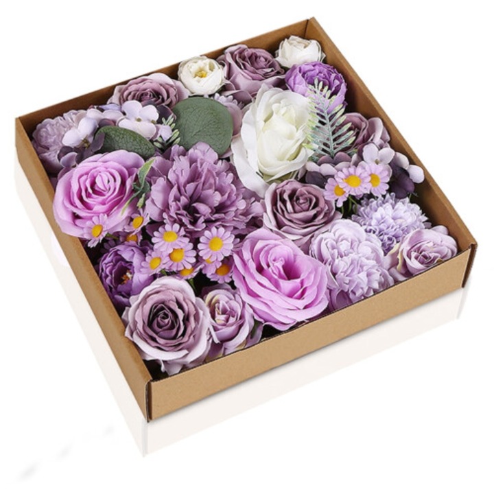 Flori artificiale din matase, trandafiri mov, frunze verzi, tulpini flexibile 30x3cm