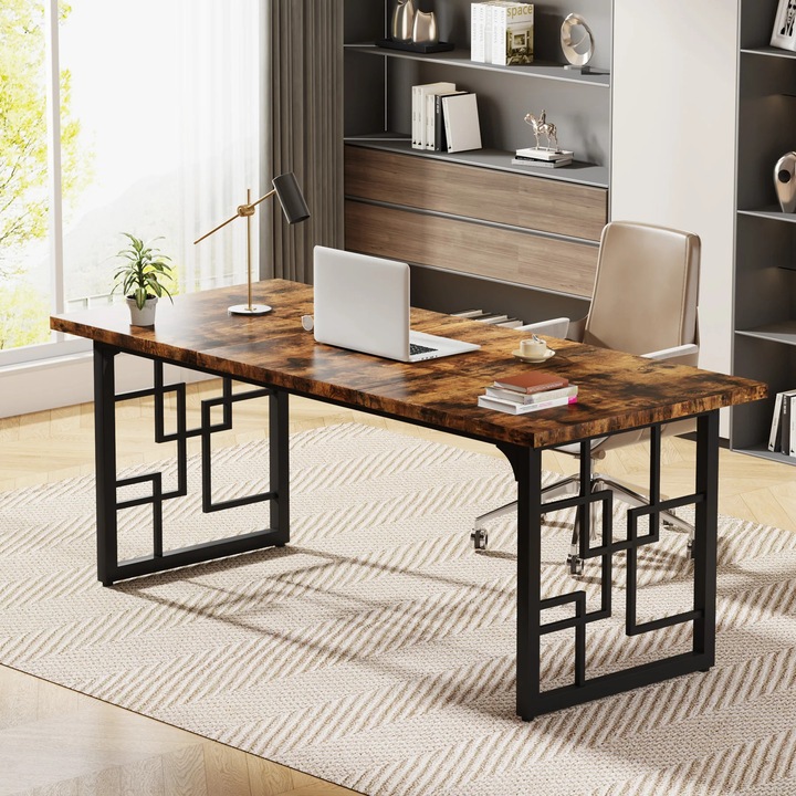 Nagy íróasztal 160 cm, vezetői irodai asztal, ipari számítógép- és íróasztal, forgácslap asztallap, fekete fém váz, Rustic Brown