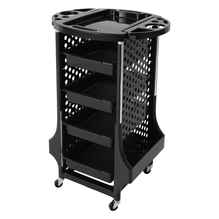Gurulós kocsi szalonba, 5 polcos tárolóállvány, PP műanyag, 52×44×79 cm, maximális terhelés 30 kg, fekete