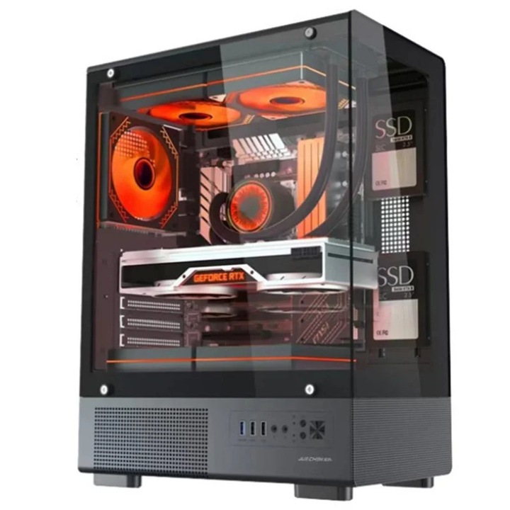Dual-Way King, carcasa PC gaming full tower E-ATX ATX, camera dubla, panou din sticla securizata, suport placa video 320 mm, radiator 280 mm, RGB, negru