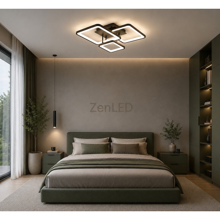 Lustra LED dimabila cu telecomanda 3 tipuri de lumina cald/neutru/rece 88W StrongLED intensitate reglabila 3 patrate, carcasa Neagra ZenLED®