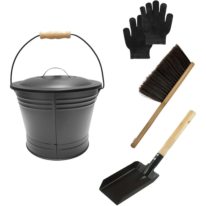 Set galeata pentru cenusa 6L cu lopata matura si manusi metal negru 6L