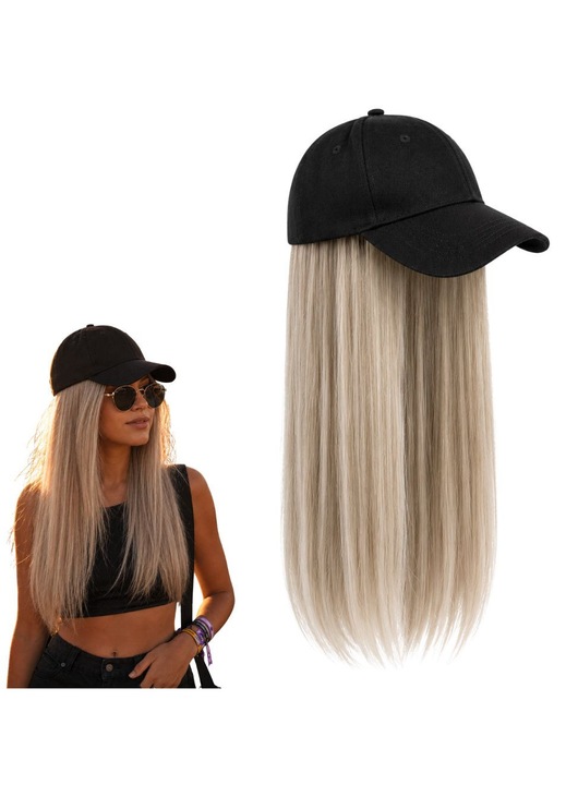 Paróka beépített sapkával, FONIX VibeCap, Egyenes szintetikus haj, 50 cm hosszúság, Ombre stílus, Vibráló színek, Gyors felhelyezés, Ragasztó nélkül, 2 az 1-ben kiegészítő, Ideális fesztiválra, cosplayre, bulira és tematikus partikra, Szürke-sárga