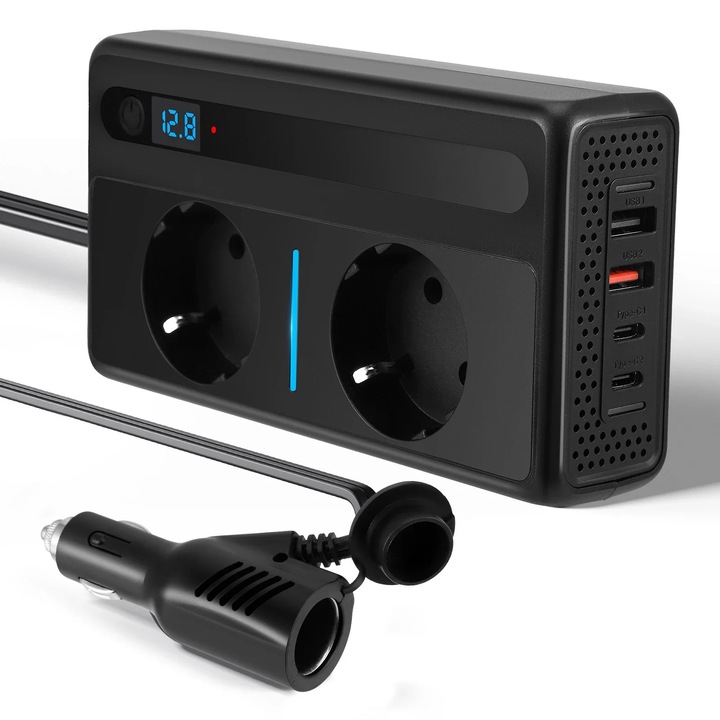 Автомобилен преобразувател на напрежение, инвертор 300W 12V DC към 230V AC, 4 USB порта за бързо зареждане, щепсел за автомобилна запалка, черен