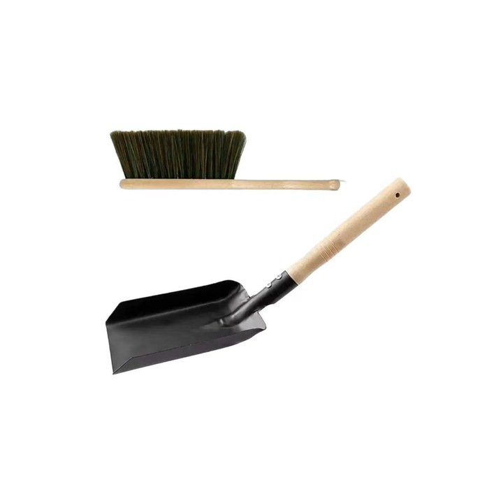 Set lopata si perie pentru carbuni, metal, mana lemn, negru, mare