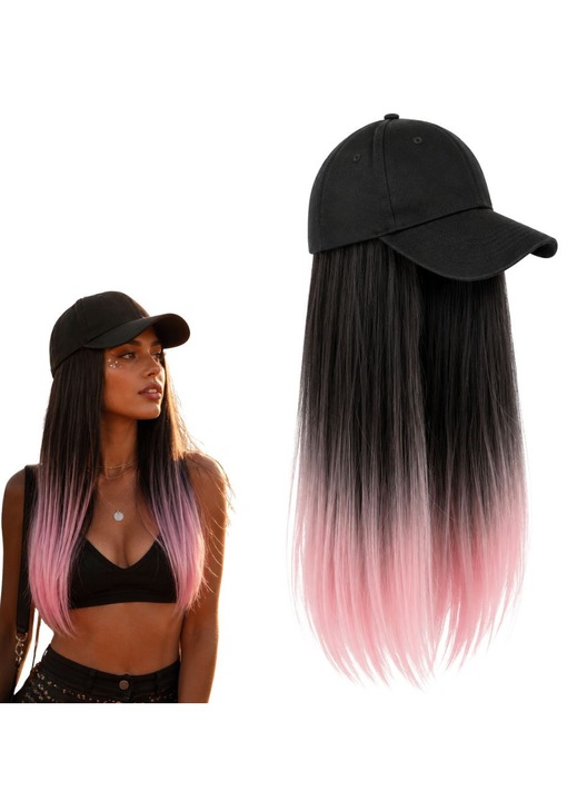 Paróka beépített sapkával, FONIX VibeCap, Egyenes szintetikus haj, 50 cm hosszúság, Ombre stílus, Vibráló színek, Gyors felhelyezés, Ragasztó nélkül, 2 az 1-ben kiegészítő, Ideális fesztiválra, cosplayre, bulira és tematikus partikra, Rózsaszín