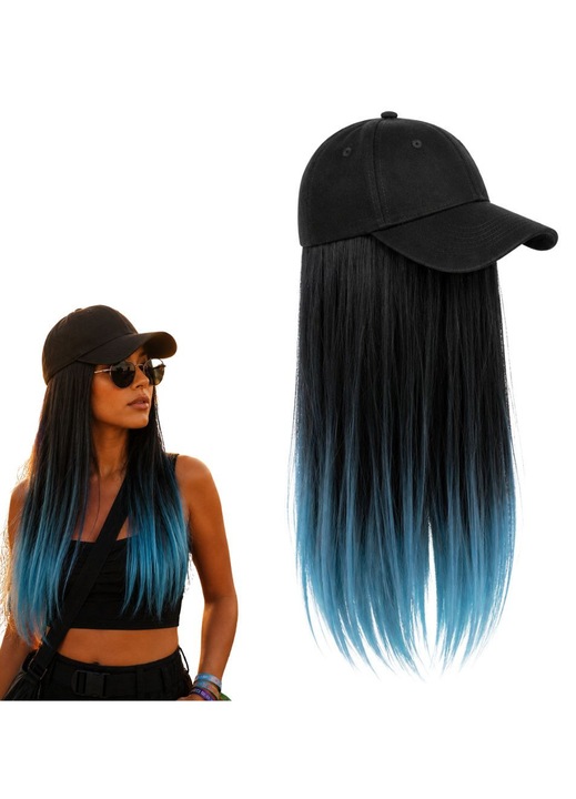Paróka beépített sapkával, FONIX VibeCap, Egyenes szintetikus haj, 50 cm hosszúság, Ombre stílus, Vibráló színek, Gyors felhelyezés, Ragasztó nélkül, 2 az 1-ben kiegészítő, Ideális fesztiválra, cosplayre, bulira és tematikus partikra, Kék