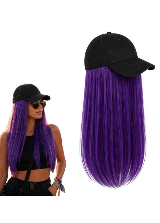 Paróka beépített sapkával, FONIX VibeCap, Egyenes szintetikus haj, 50 cm hosszúság, Ombre stílus, Vibráló színek, Gyors felhelyezés, Ragasztó nélkül, 2 az 1-ben kiegészítő, Ideális fesztiválra, cosplayre, bulira és tematikus partikra, Sötétlila