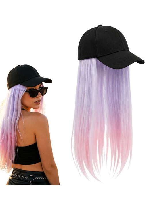 Paróka Integrált Sapkával, FONIX VibeCap, Egyenes Szintetikus Haj, 50 cm Hosszúság, Ombre Stílus, Vibráló Színek, Gyors Felhelyezés, Ragasztó Nélkül, 2 az 1-ben Kiegészítő, Ideális Fesztiválra, Cosplayre, Partyra és Tematikus Partikra, Lila